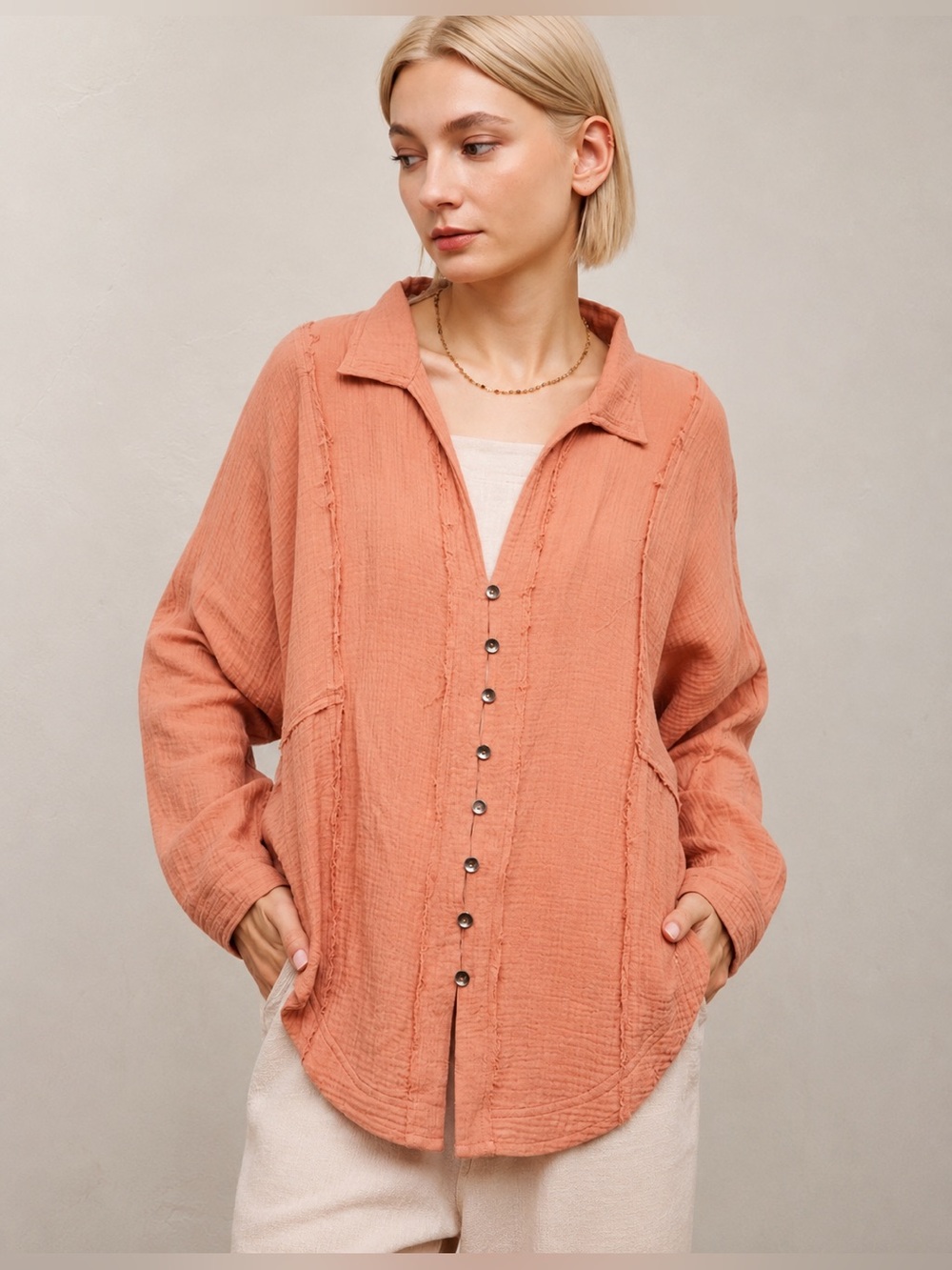 EN CRÈME Gauze Pintuck Pocket Oversized Peach Coral Blouse Highlow Textured Top